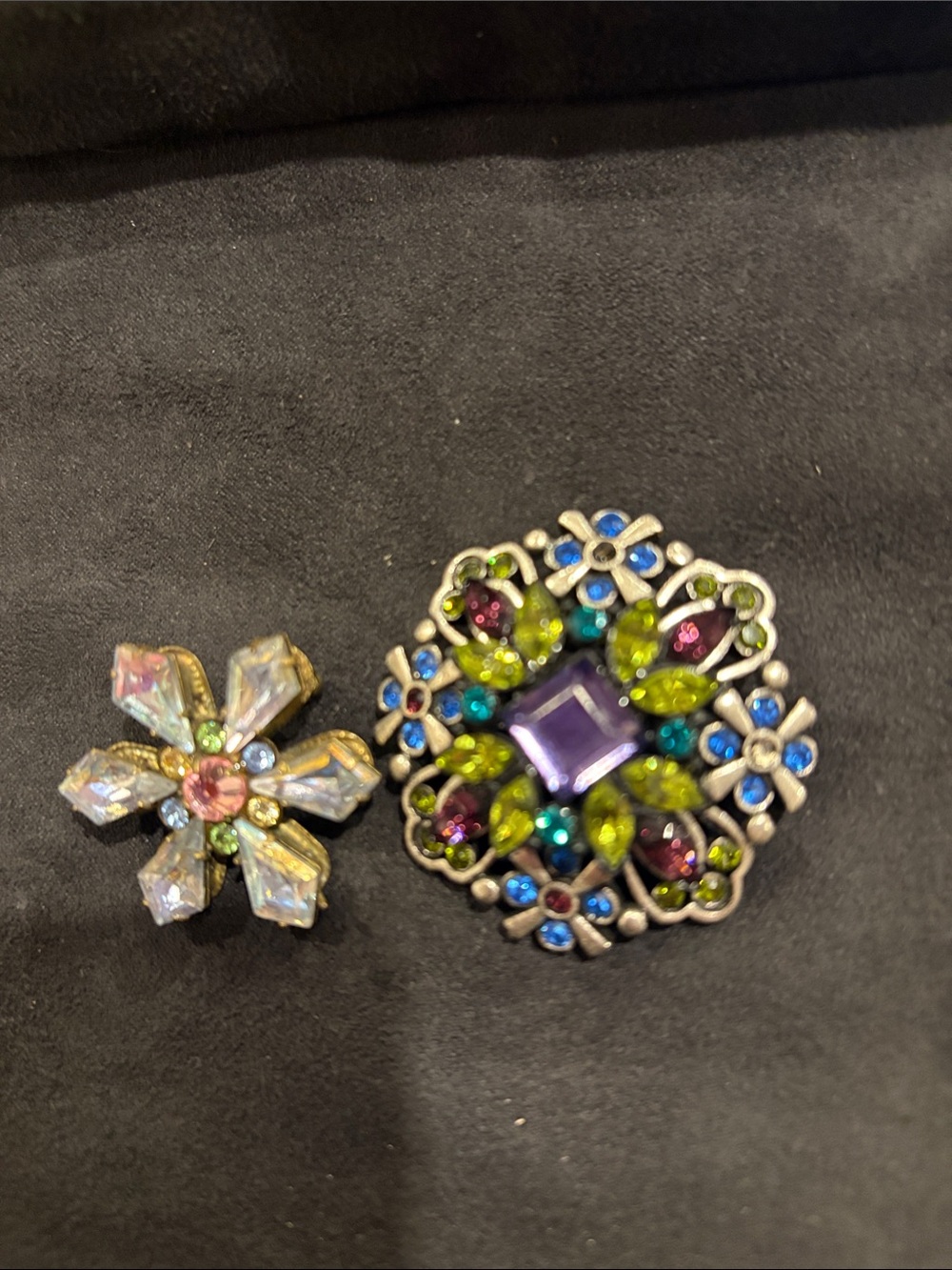 Corelli multi color floral brooch paired with Chicos brooch